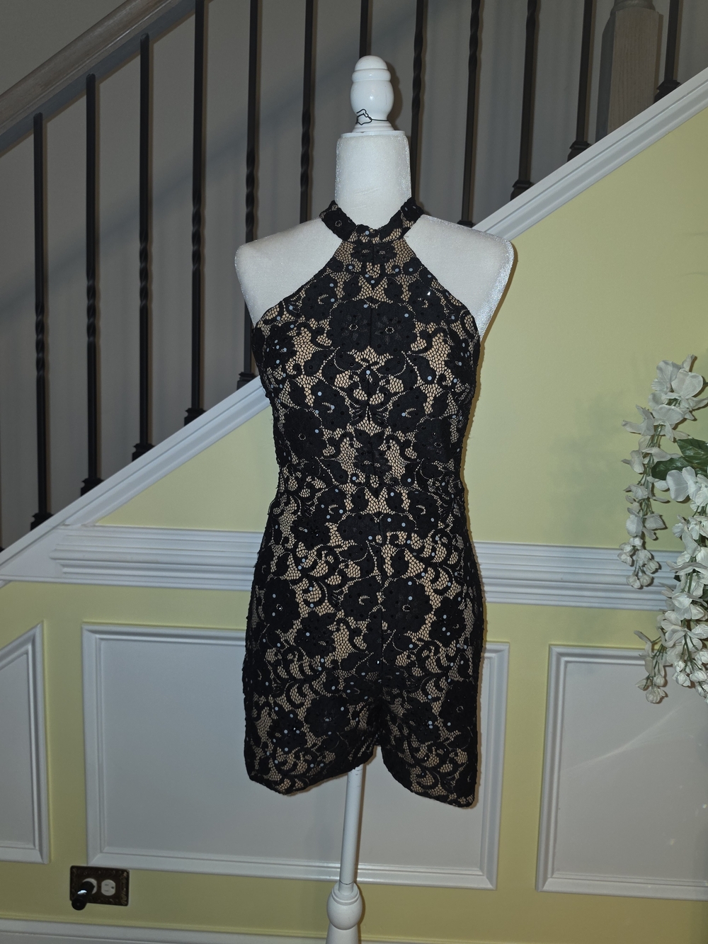 Maslavi Black Lace Halter Romper Sz-6